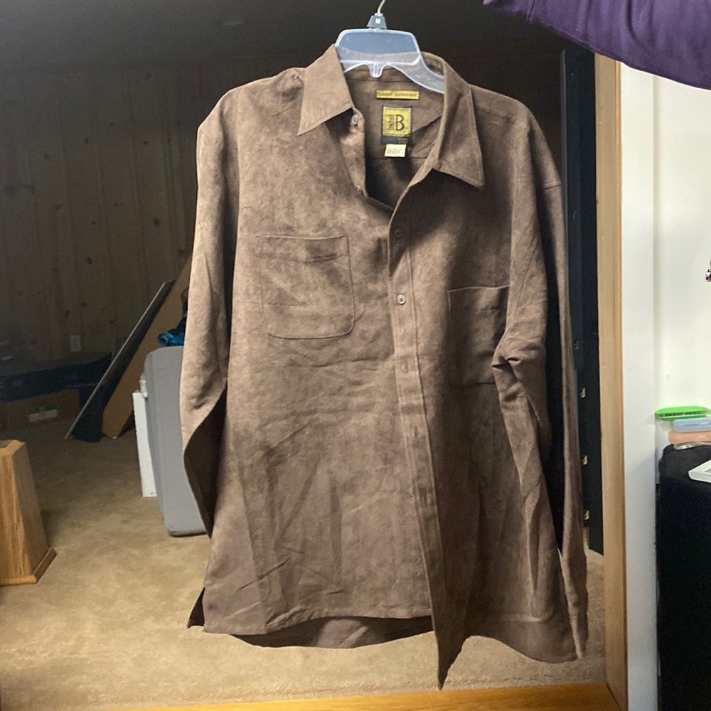 Mocha brown mens long sleeve button up suedes microfiber shirt